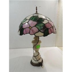 VINTAGE BRASS & MARBLE BASE LAMP, SLAG GLASS SHADE