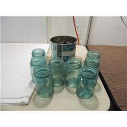 LOT 8 VINTAGE BLUE GLASS BALL PERFECT MASON JARS &