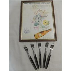 LOT 6 (5) VINTAGE ART DECO OYSTER FORKS & FRAMED