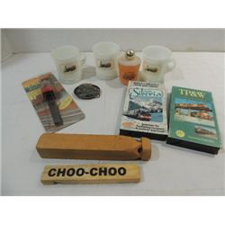 LOT 10 TRAIN REALTED COLLECTIBLES: WOOD WHISTLES,