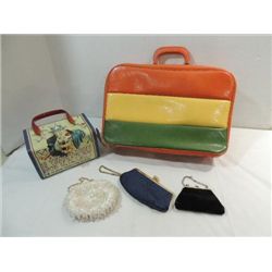 LOT 5 VINTAGE LADY'S PURSES & CARRY BAG: WOOD BOX