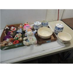 HUGE LOT VINTAGE CERAMIC CANNISTERS & BOWLS, PLUSH