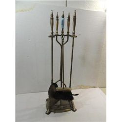 VINTAGE METAL FIREPLACE STAND, POKER, TONG, SHOVEL