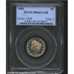 1884 5C PR66 Cameo PCGS. A very slight golden patina lends a warm cast to this subdued but attractiv