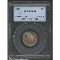 1889 5C PR65 PCGS. Both sides are dominated by iridescent honey-gold patina, with a blush of lavende