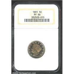 1891 5C PR66 NGC. Pleasing pastel violet and gold patina. Well struck except for the left ear of cor