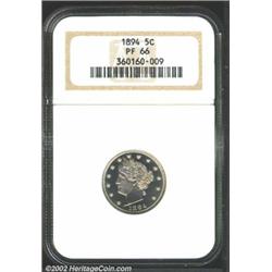 1894 5C PR66 NGC. Breen-2556, "Rare." Light yellow-gold patina. The 4 in the date is sharply repunch