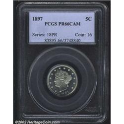 1897 5C PR66 Cameo PCGS. Lilac fading to green at the peripheries. Good cameo contrast exists betwee