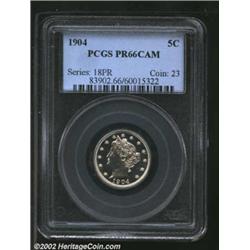 1904 5C PR66 Cameo PCGS. Brilliant throughout and deeply mirrored with slight contrast between the f