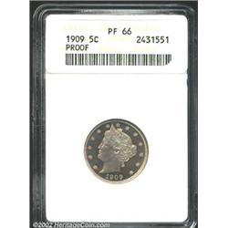 1909 5C PR66 ANACS. The mirrored fields reveal pleasing pastel violet and gold colors. Well struck e