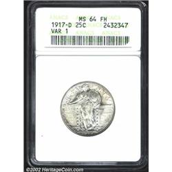 1917-D 25C Type One MS64 Full Head ANACS. The silver-gray surfaces have a few sprinkles of green-gol