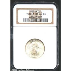 1917-D 25C Type One MS65 Full Head NGC. The lower reverse has dusky silver-gray patina. A lustrous G