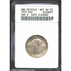1917 25C Type Two--Date Cleaned--ANACS. Unc Details, Net AU55. Rich lemon and russet patina. Well st