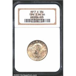 1917-S 25C Type Two MS66 NGC. The reverse border has bands of cobalt-blue and golden-brown patina, w