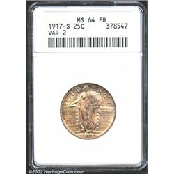 1917-S 25C Type Two MS64 Full Head ANACS. The fields have light yellow-green patina. The head is wel