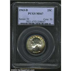 1943-D 25C MS67 PCGS. The margins have rich golden-brown, rose-violet, and turtle-green patina. A we