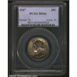 1947 25C MS66 PCGS. The borders have orange, gold, and yellow-green colors, while the portrait has l
