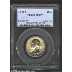 1948-S 25C MS67 PCGS. Beautiful bands of violet, yellow-green, and powder-blue patina frame the obve