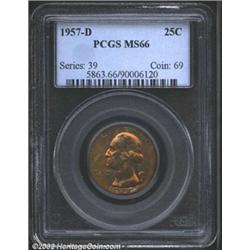 1957-D 25C MS66 PCGS. The obverse has glorious orange-red and apple-green patina, while the reverse.