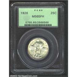 1926 25C MS65 Full Head PCGS. The upper obverse border has lightly freckled tan-green patina. A lust