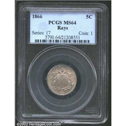 1866 5C Rays MS64 PCGS. Fletcher-9, an earlier die state without clash marks. The date is dramatical