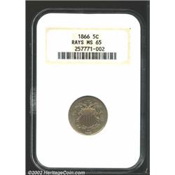 1866 5C Rays MS65 NGC. A sharply struck Gem with flashy luster and clean surfaces. The borders have.