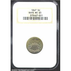 1867 5C Rays MS65 NGC. The 1867 is the scarcer of the two dates of Rays nickels, and it is a coin th