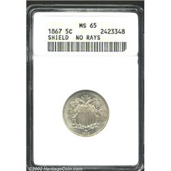 1867 5C No Rays MS65 ANACS. A nicely struck and lustrous Gem that has pleasing surfaces. The obverse