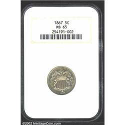 1867 5C No Rays MS65 NGC. Light golden wash to an otherwise steely patina. Lustrous and moderately w