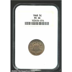 1868 5C MS66 NGC. Original gold and green-gray patina. A nicely struck and lustrous Gem with exquisi