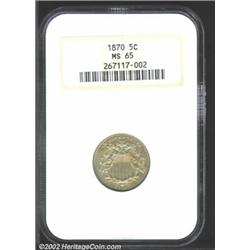 1870 5C MS65 NGC. Deep green-gray patina. Immaculately preserved with a good strike and moderate lus