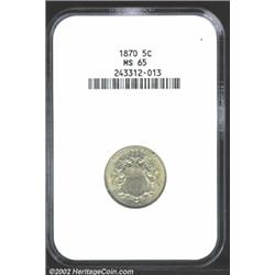 1870 5C MS65 NGC. A few wisps of green-gray patina. A sharply struck and lustrous Gem that has a nea