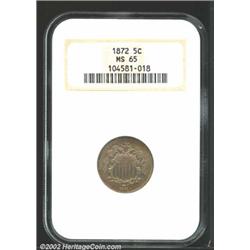 1872 5C MS65 NGC. Dusky gold patina. Well struck in the centers, although a couple of letters in the