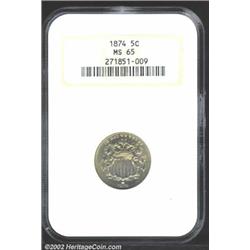 1874 5C MS65 NGC. Light lemon-gold patina. A lustrous Gem with a pleasing obverse and a typical stri