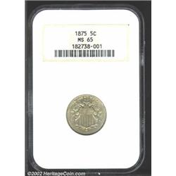 1875 5C MS65 NGC. Milky green-gray and lilac patina. A well struck Gem with flashy luster and impres