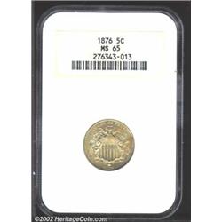 1876 5C MS65 NGC. A well struck Gem that possesses milky copper-gold patina. Lustrous with an undist