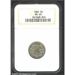 1880 5C MS63 NGC. Well struck with greenish-gold toning. While the fields are somewhat prooflike, th