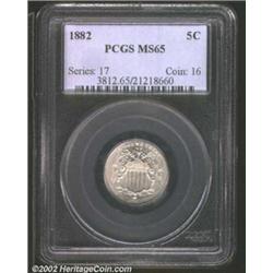 1882 5C MS65 PCGS. Fully brilliant with severe die cracking and a small cud that infringes on the 1.