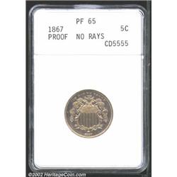 1867 5C No Rays PR65 ANACS. A coffee-gold Gem with an impressive strike and unabraded surfaces. The.