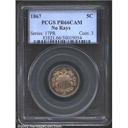 1867 5C No Rays PR66 Cameo PCGS. The 1867 No Rays is the third scarcest proof in the Shield Nickel s