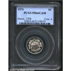 1870 5C PR66 Cameo PCGS. A brilliant and well struck Gem with seemingly pristine surfaces. The cameo