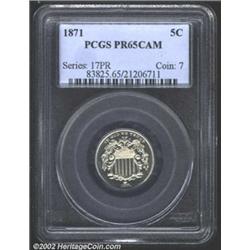 1871 5C PR65 Cameo PCGS. Nicely mirrored fields and gently frosted devices create a pleasing though.