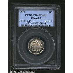 1873 5C Closed 3 PR65 Cameo PCGS. The 1 in the date is lightly repunched. A well struck and brillian