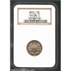 1874 5C PR65 NGC. A radiant and impressive Gem that has exquisite surfaces and mild cameo contrast..