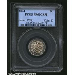 1874 5C PR65 Cameo PCGS. A well struck Gem with beautifully preserved surfaces. Wisps of tan patina.