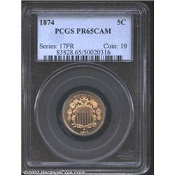 1874 5C PR65 Cameo PCGS. The strike is bold with the fields exhibiting evidence of heavy die polishi