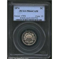 1874 5C PR66 Cameo PCGS. This subdued cameo has fully struck devices devoid of all but the most triv