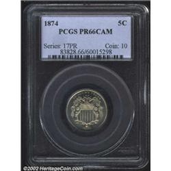 1874 5C PR66 Cameo PCGS. A perfect coin for the discerning proof type collector, this conditionally.