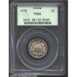 1878 5C PR66 PCGS. Bright, steel surfaces with tinges of variegated, golden-russet toning on both si