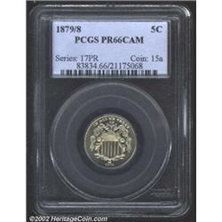 1879/8 5C PR66 Cameo PCGS. A few light streaks of crimson offer the only color on this pleasingly ca